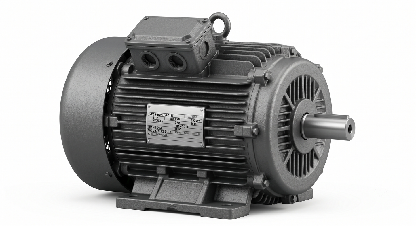 3HP, 900 RPM, 230/460V, TEFC, 215T Frame, PEWWE3-9-215T Severe Duty Motor