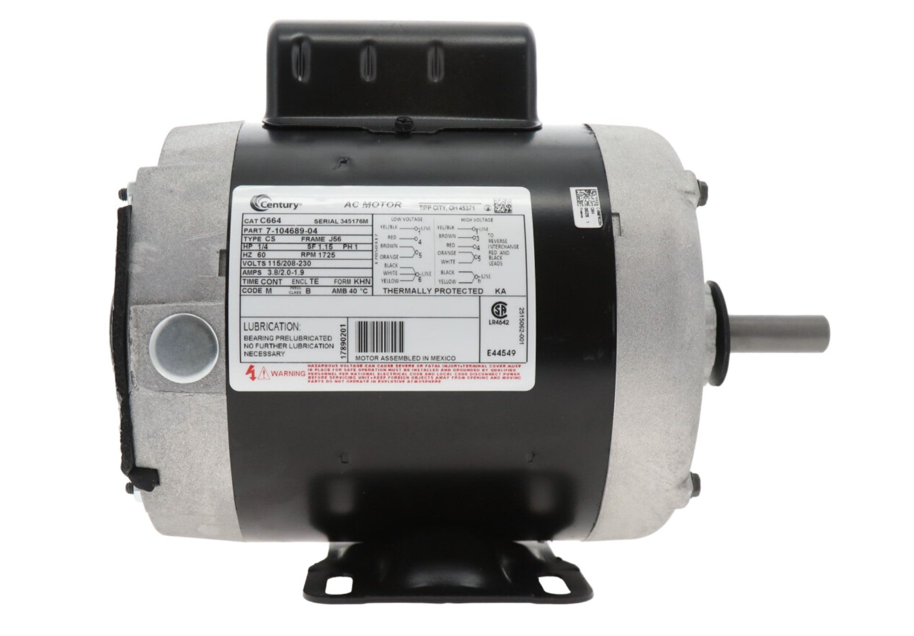 Regal Rexnord - Century Motors | C664V1 | 1/4HP 115/208-230V 1725 RPM Single Phase AC Motor